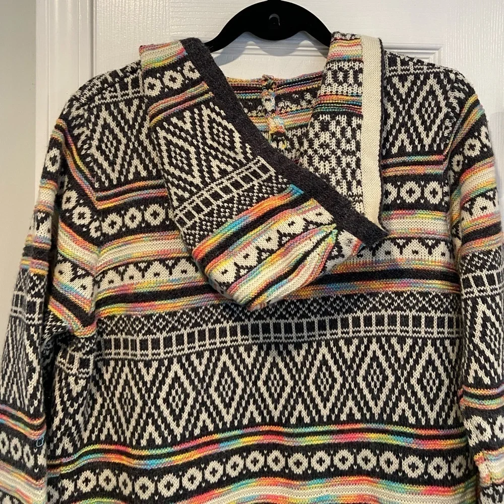 Monteau Size M Neon Stripe Black Cream Aztec Knit Open Front Hooded Cardigan